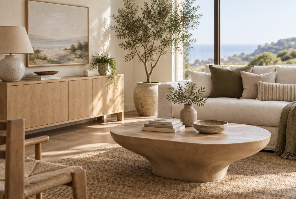 A bright California-casual living room with a light oak console, sculpted coffee table, linen sofa and olive tree
