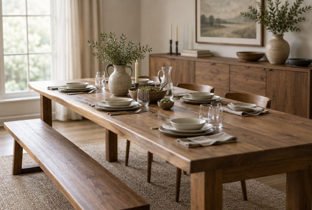 A long solid wood dining table set for a family dinner with a bench on one side and a sideboard behind