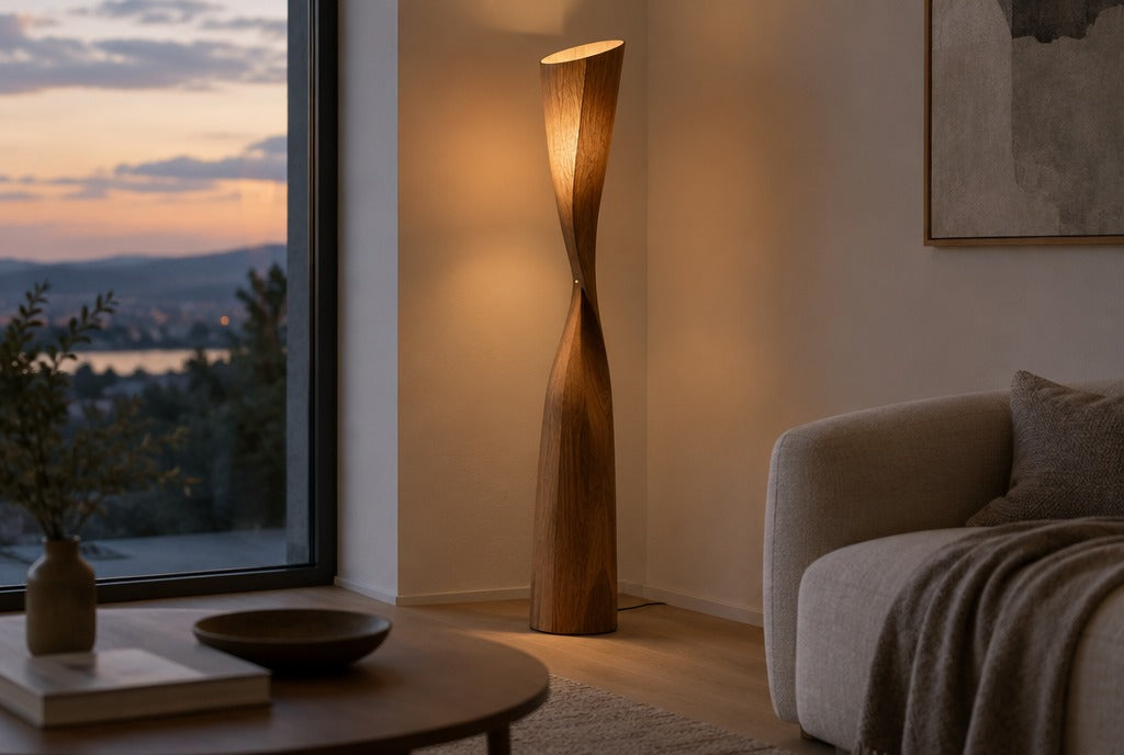 A tall sculpted solid wood floor lamp glowing in the corner of a minimalist living room at dusk
