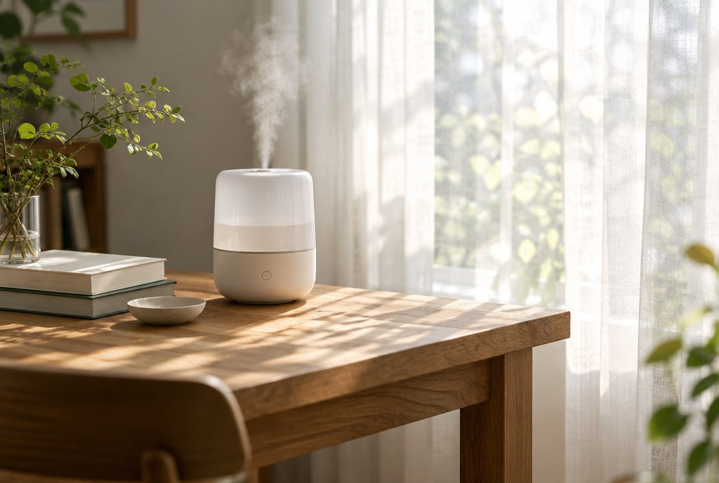A solid wood table near a window with sheer curtains filtering strong summer sun, a small humidifier nearby