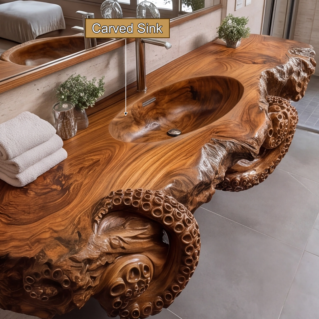 Velmora Octopus Form Sculpted Solid Wood Floating Bathroom Vanity With Integrated Sink