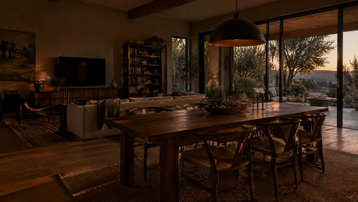 A bright California home with a solid wood dining table, TV console and bookcase