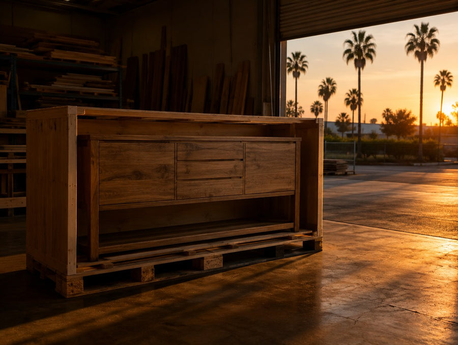 A crated solid wood console at a sunny Fresno workshop door